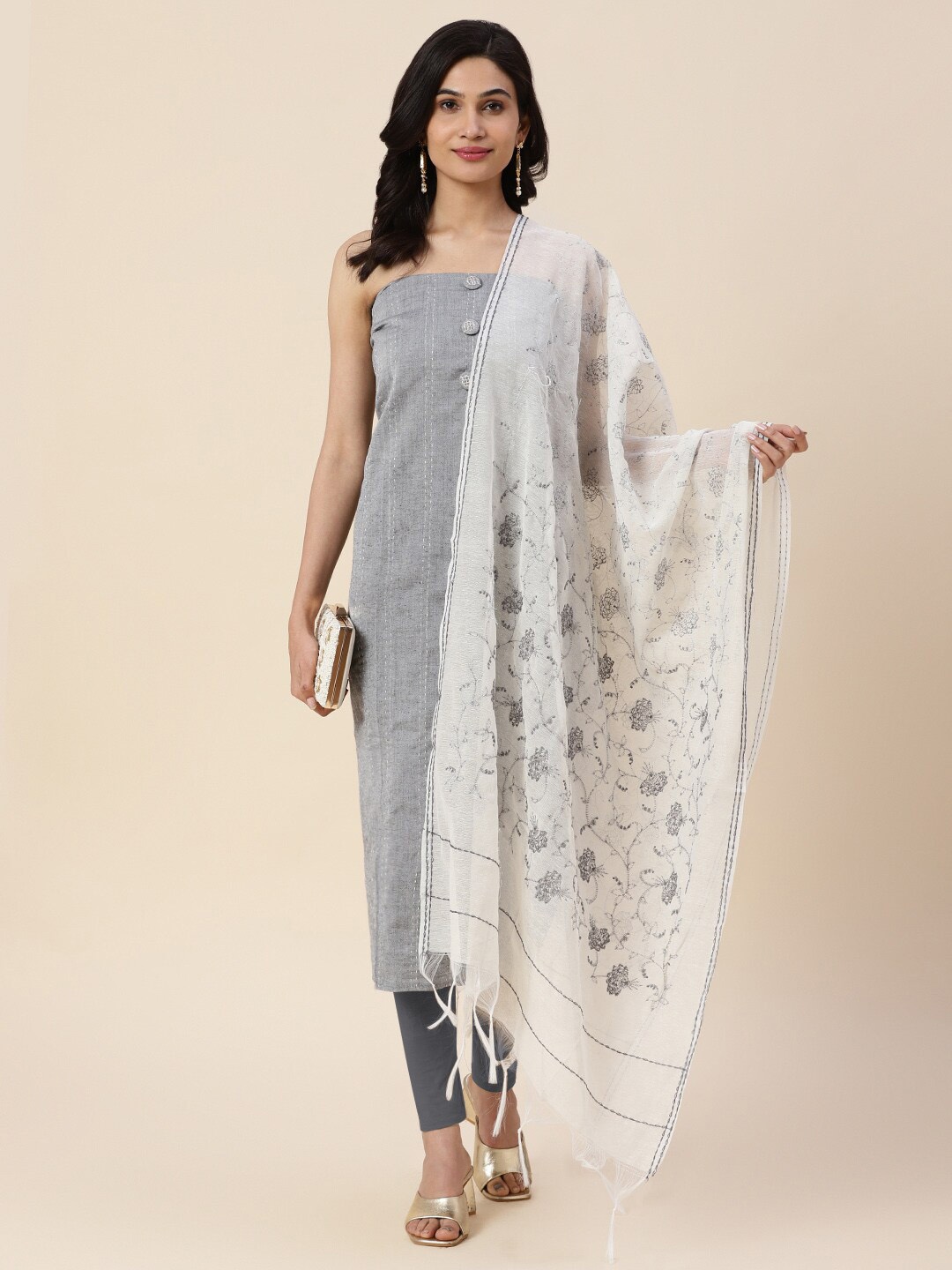 

Meena Bazaar Thread Work Unstitched Dress Material, Grey