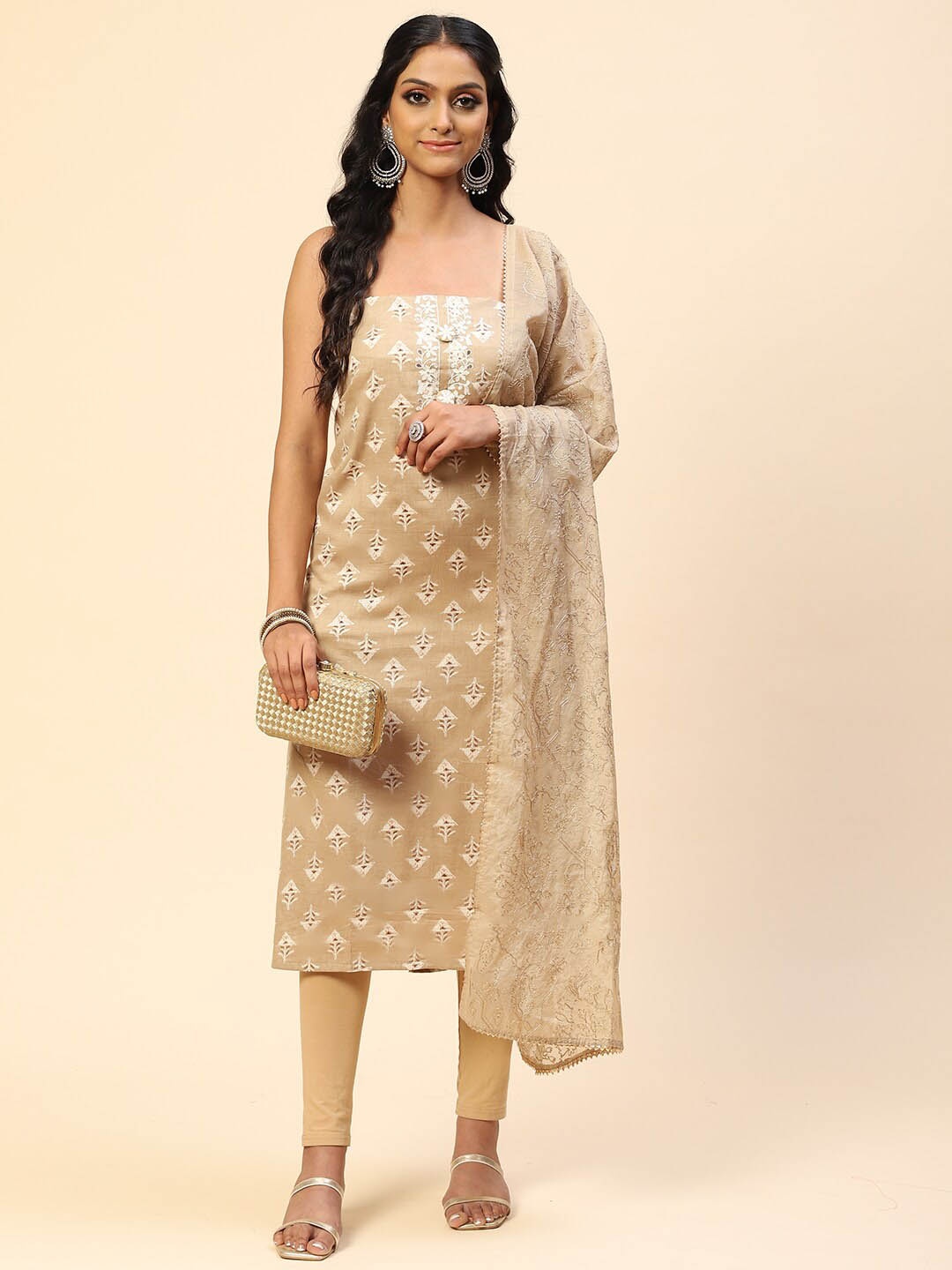 

Meena Bazaar Printed Unstitched Dress Material, Beige