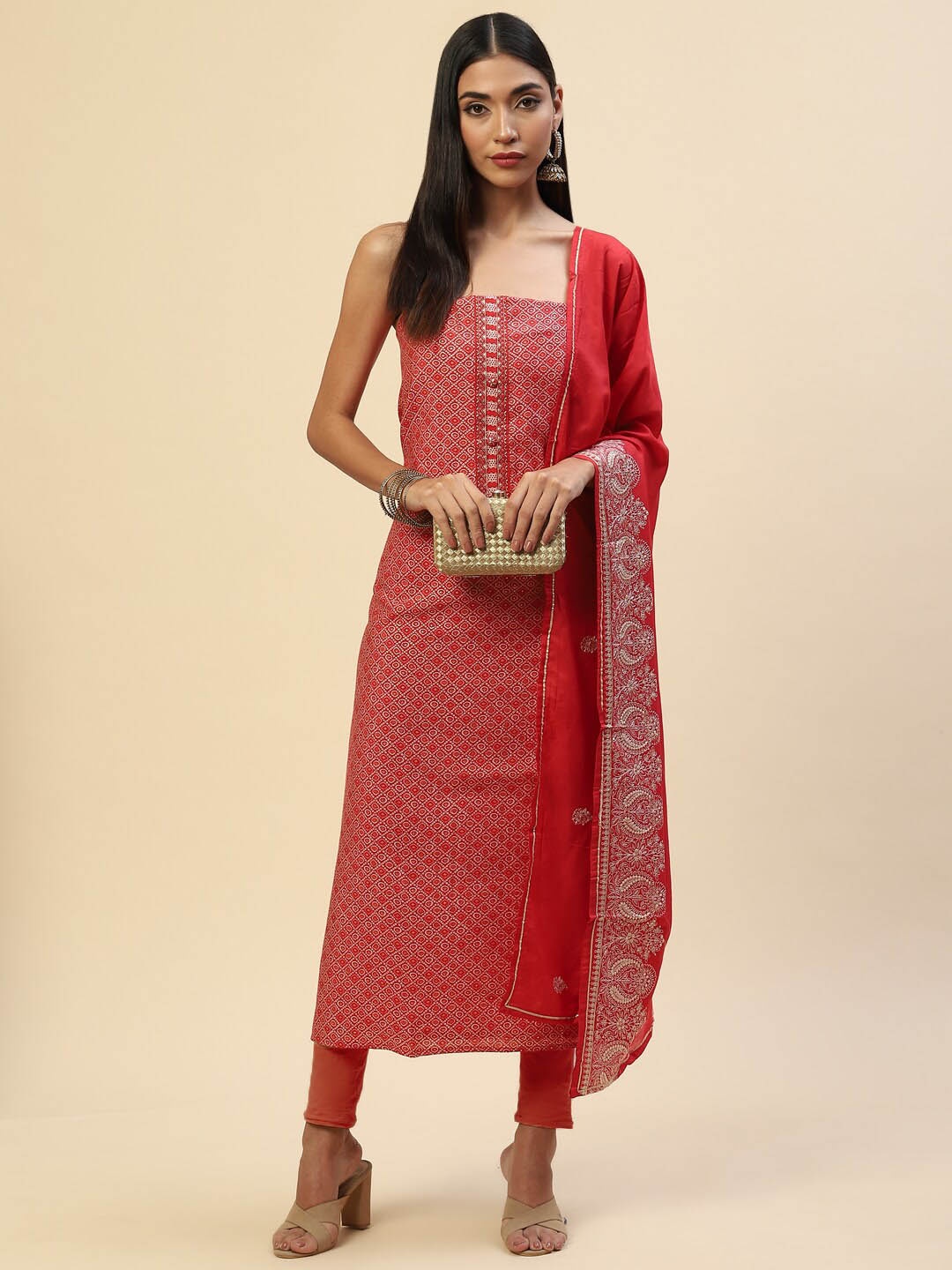 

Meena Bazaar Geometric Printed Unstitched Dress Material, Red