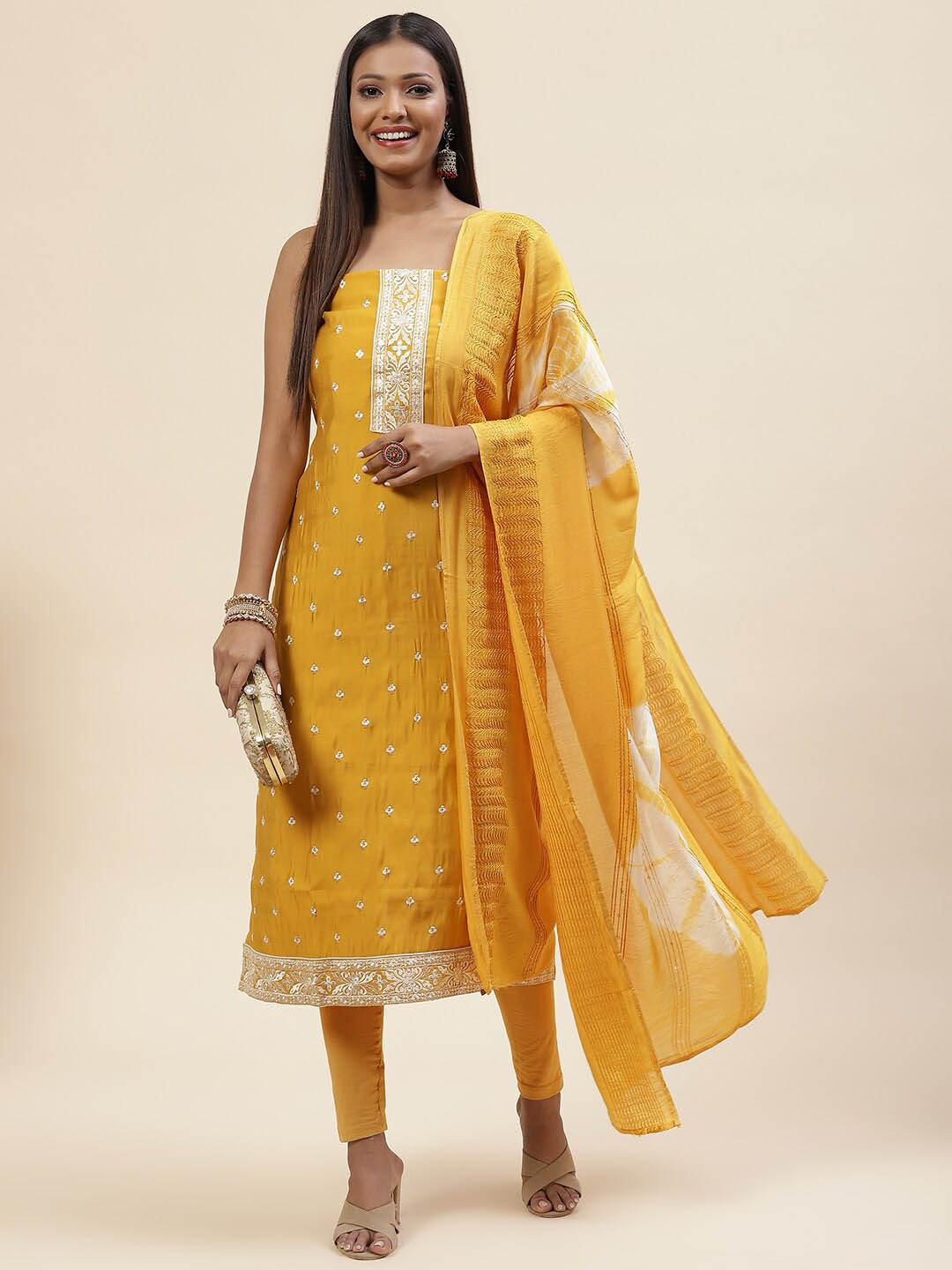 

Meena Bazaar Embroidered Sequinned Art Silk Unstitched Dress Material, Yellow
