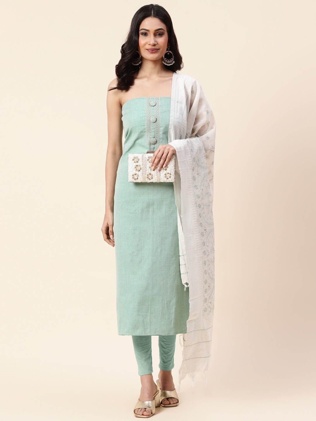 

Meena Bazaar Embroidered Sequinned Unstitched Dress Material, Green