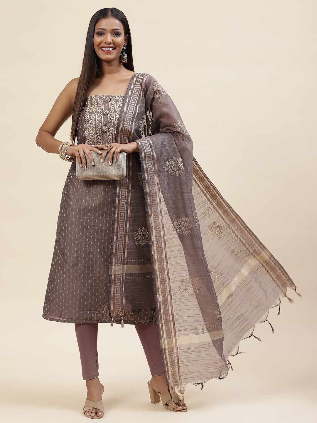

Meena Bazaar Art Silk Unstitched Dress Material, Brown