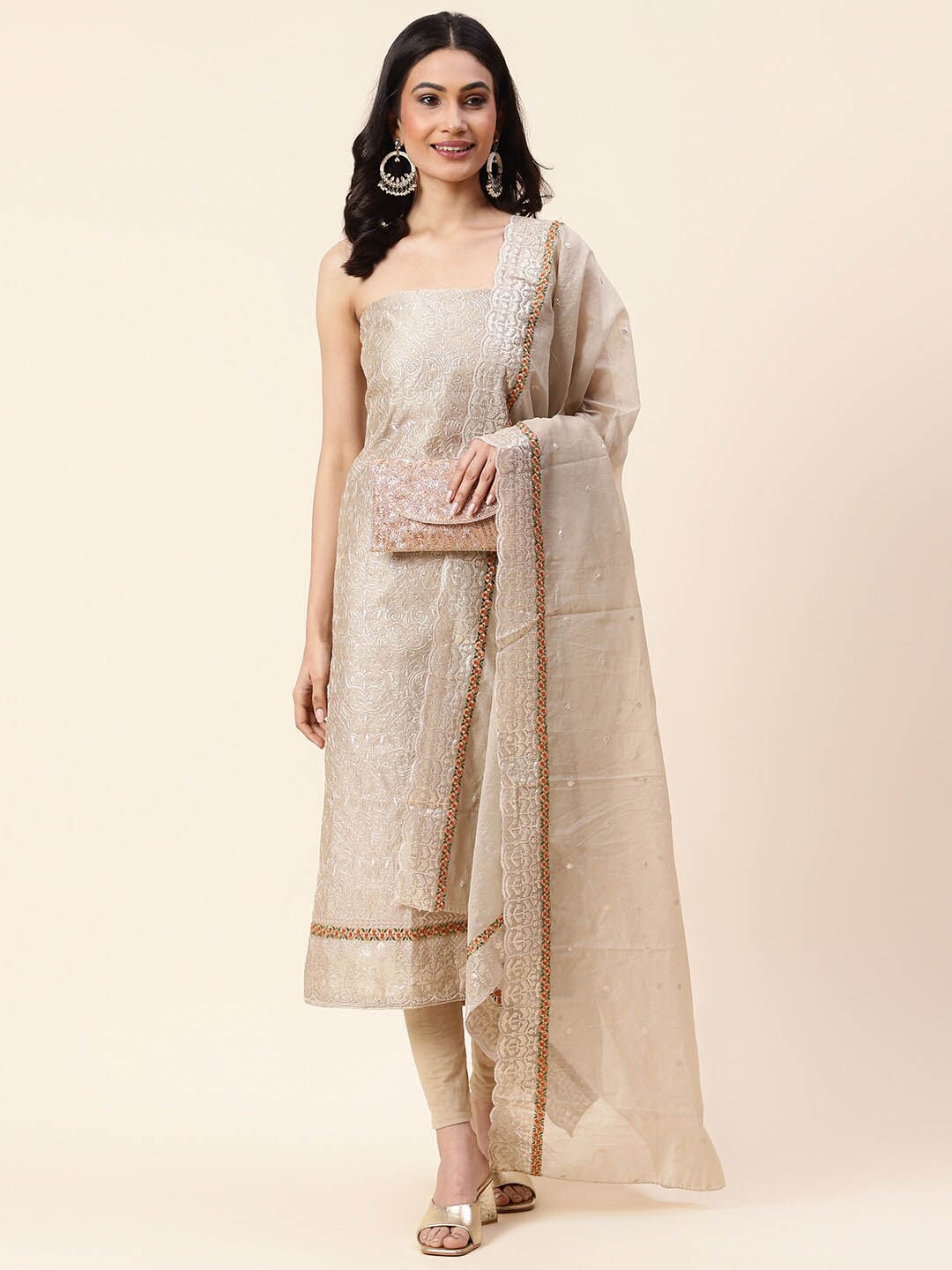 

Meena Bazaar Embroidered Art Silk Unstitched Dress Material, Beige