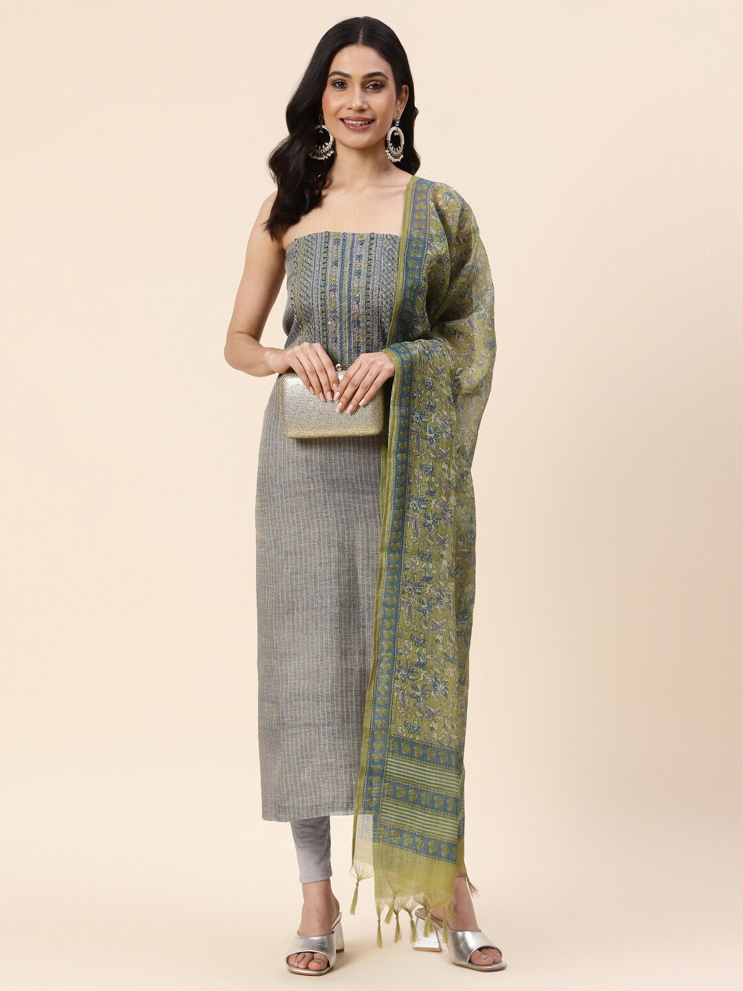 

Meena Bazaar Embroidered Tissue Unstitched Dress Material, Grey