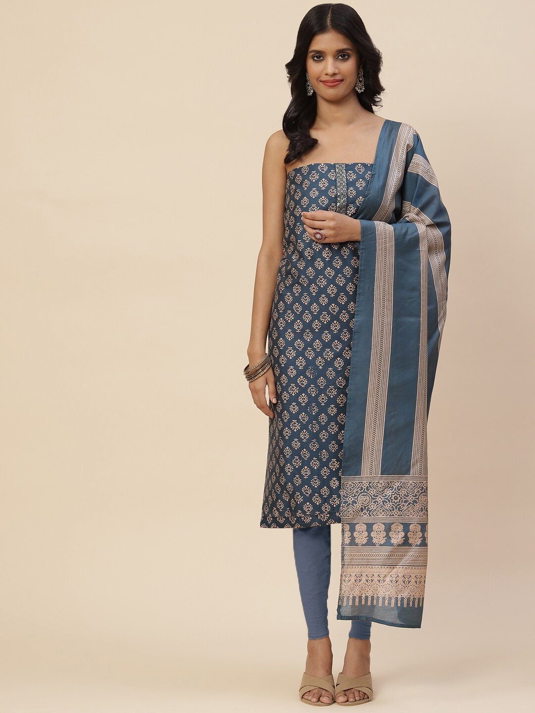 

Meena Bazaar Printed Art Silk Unstitched Dress Material, Blue