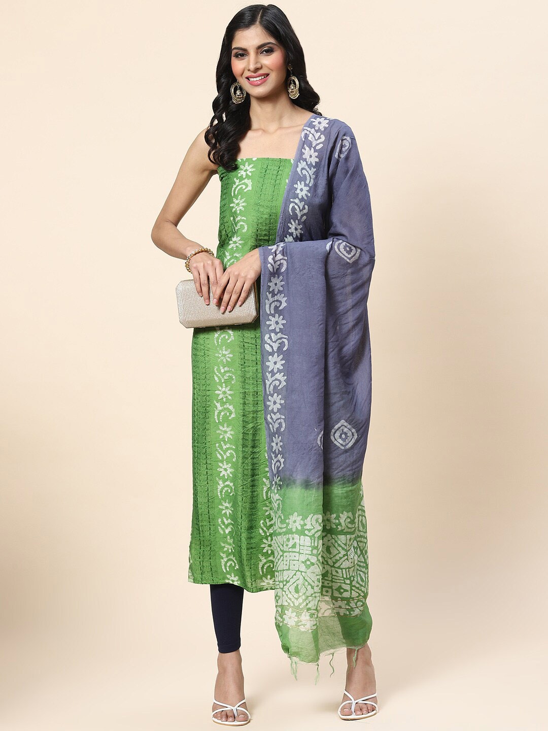 

Meena Bazaar Printed Art Silk Unstitched Dress Material, Green