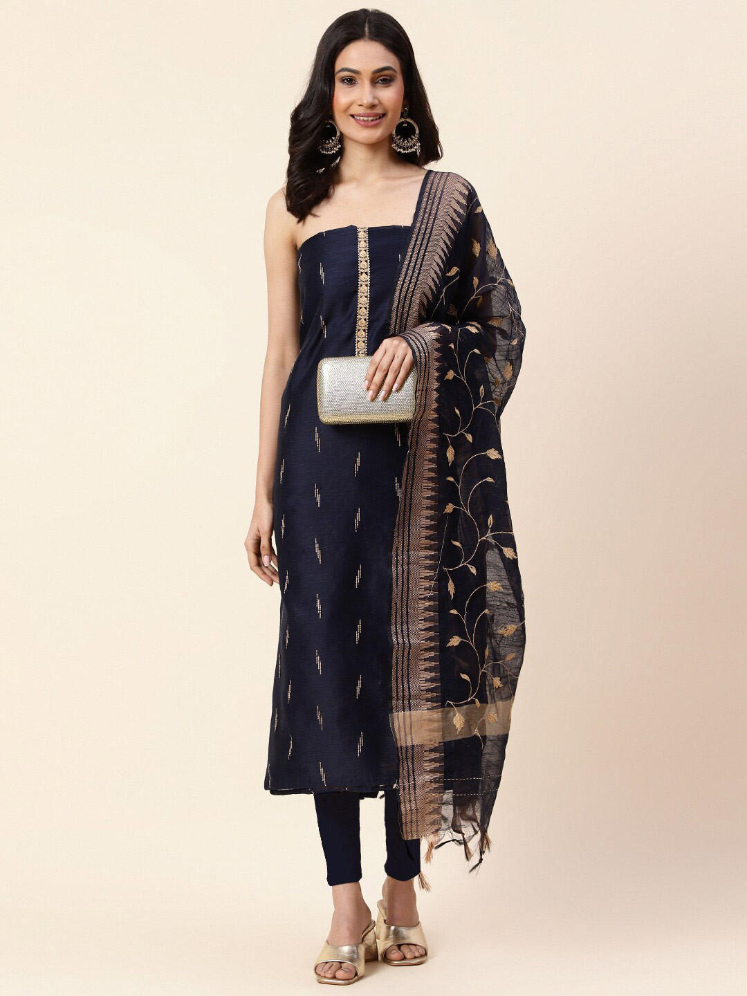 

Meena Bazaar Embroidered Art Silk Unstitched Dress Material, Blue