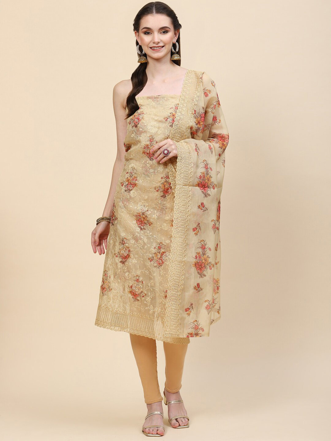 

Meena Bazaar Embroidered Organza Unstitched Dress Material, Beige