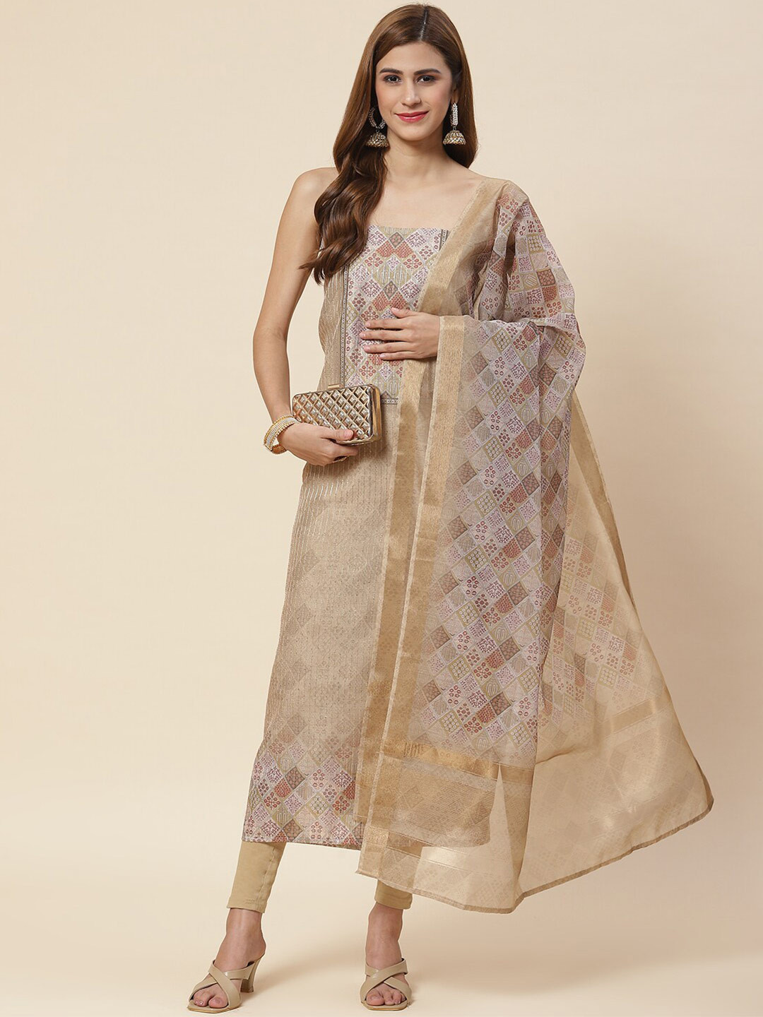 

Meena Bazaar Printed Art Silk Unstitched Dress Material, Gold