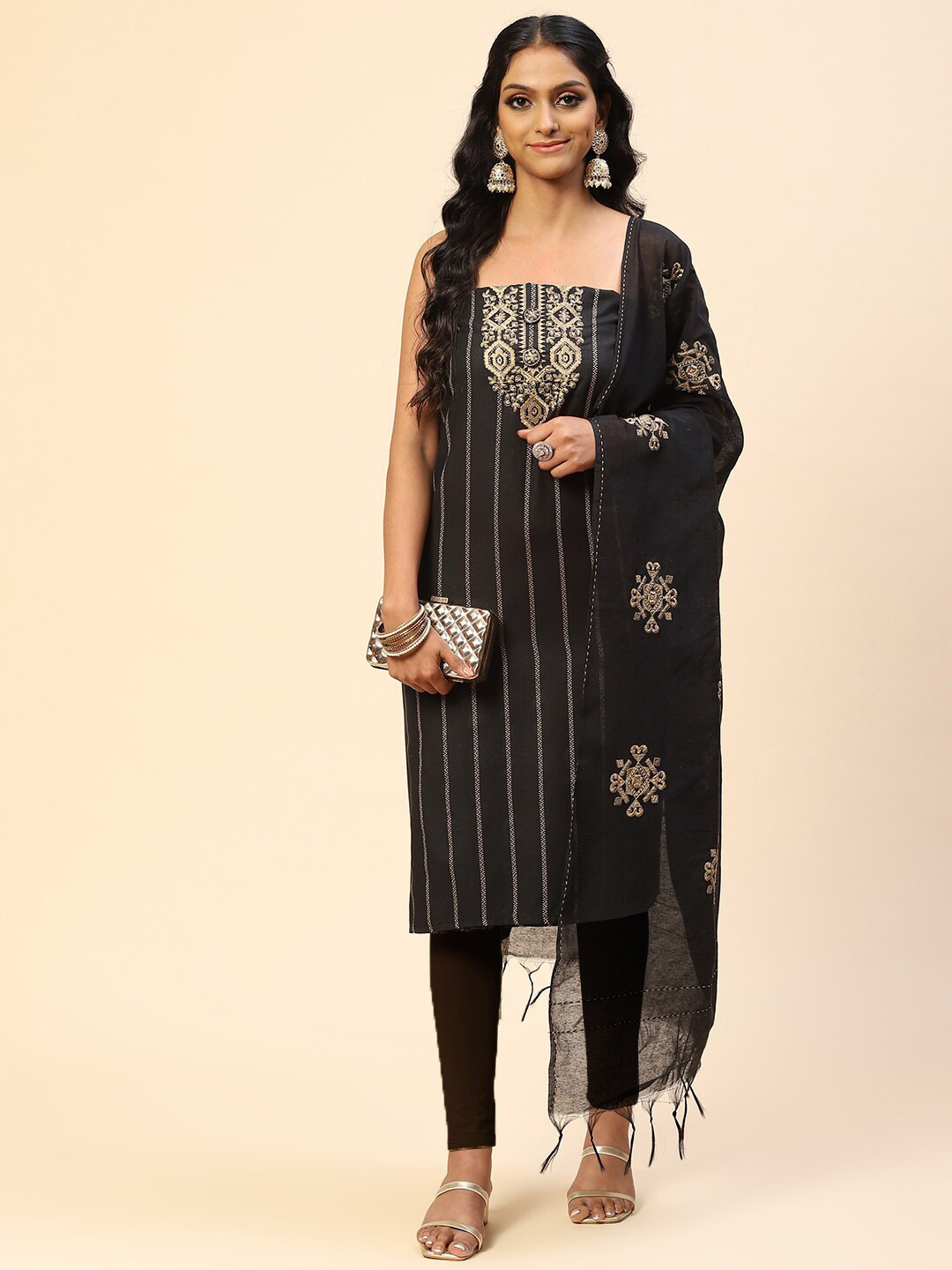 

Meena Bazaar Printed Unstitched Dress Material, Black