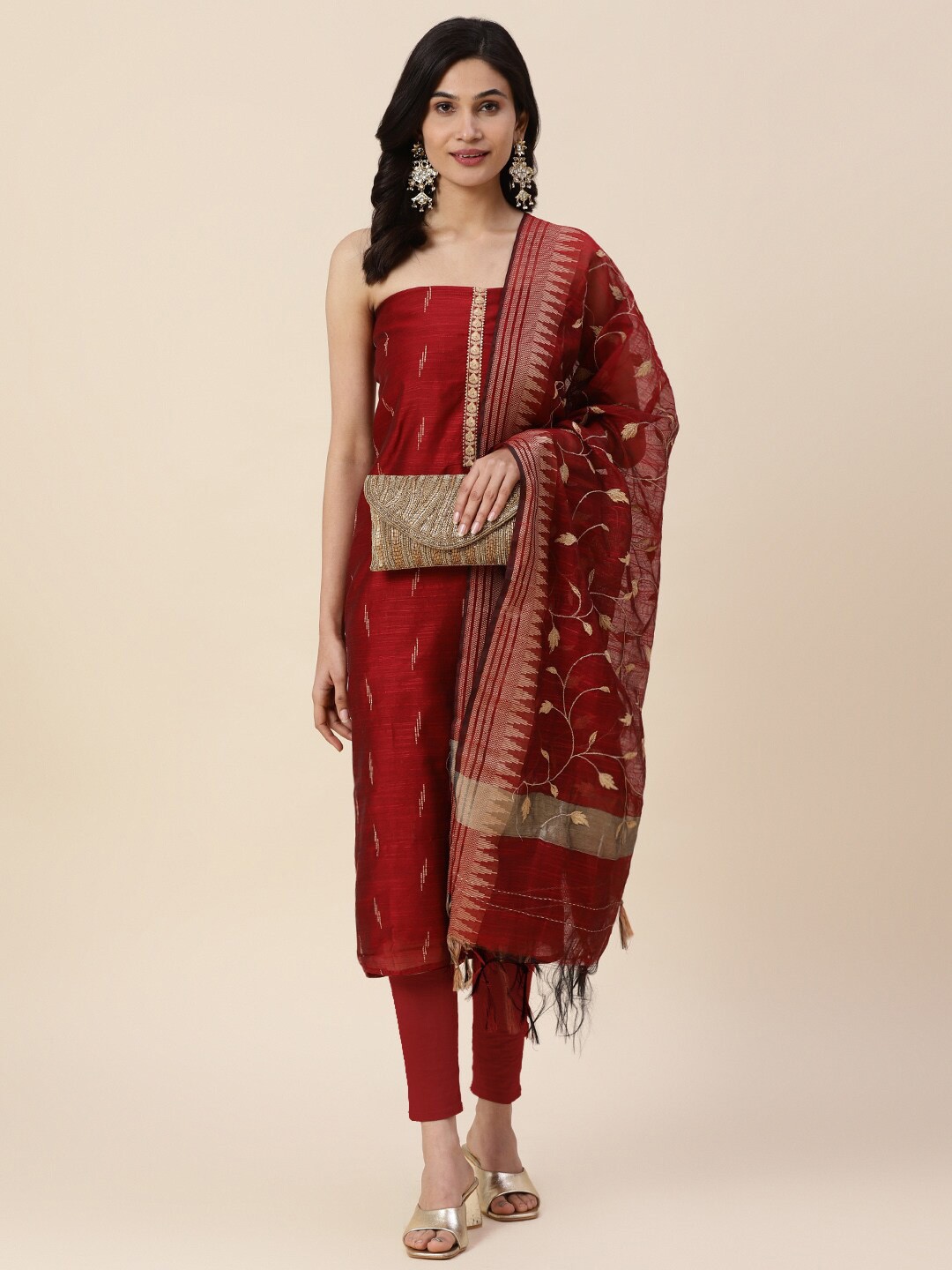

Meena Bazaar Art Silk Unstitched Dress Material, Maroon