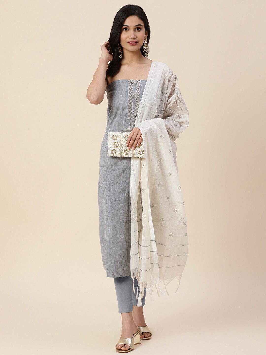 

Meena Bazaar Embroidered Neck Unstitched Dress Material, Grey