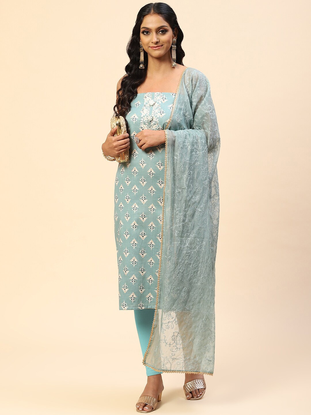 

Meena Bazaar Printed Unstitched Dress Material, Sea green
