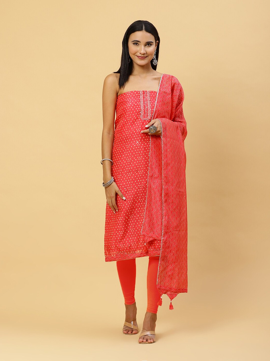 

Meena Bazaar Printed Art Silk Unstitched Dress Material, Coral