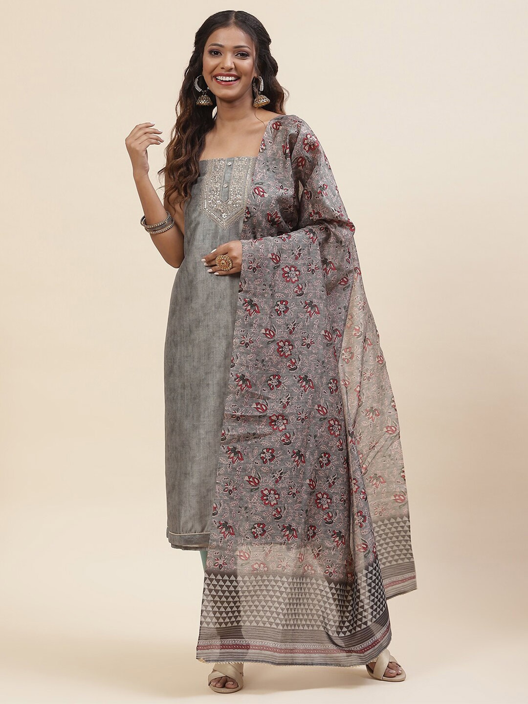 

Meena Bazaar Embroidered Art Silk Unstitched Dress Material, Green
