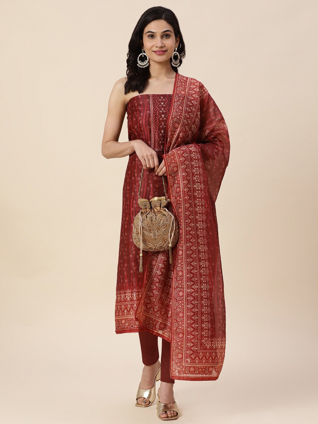 

Meena Bazaar Floral Printed Art Silk Unstitched Dress Material, Maroon