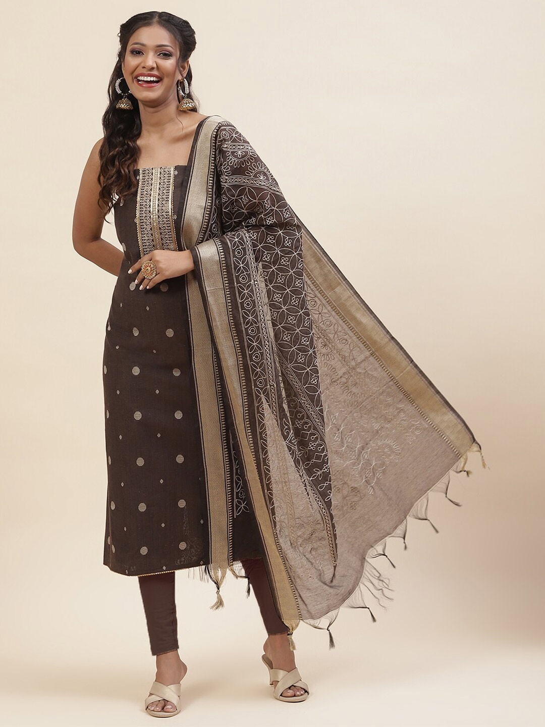 

Meena Bazaar Embroidered Unstitched Dress Material, Brown