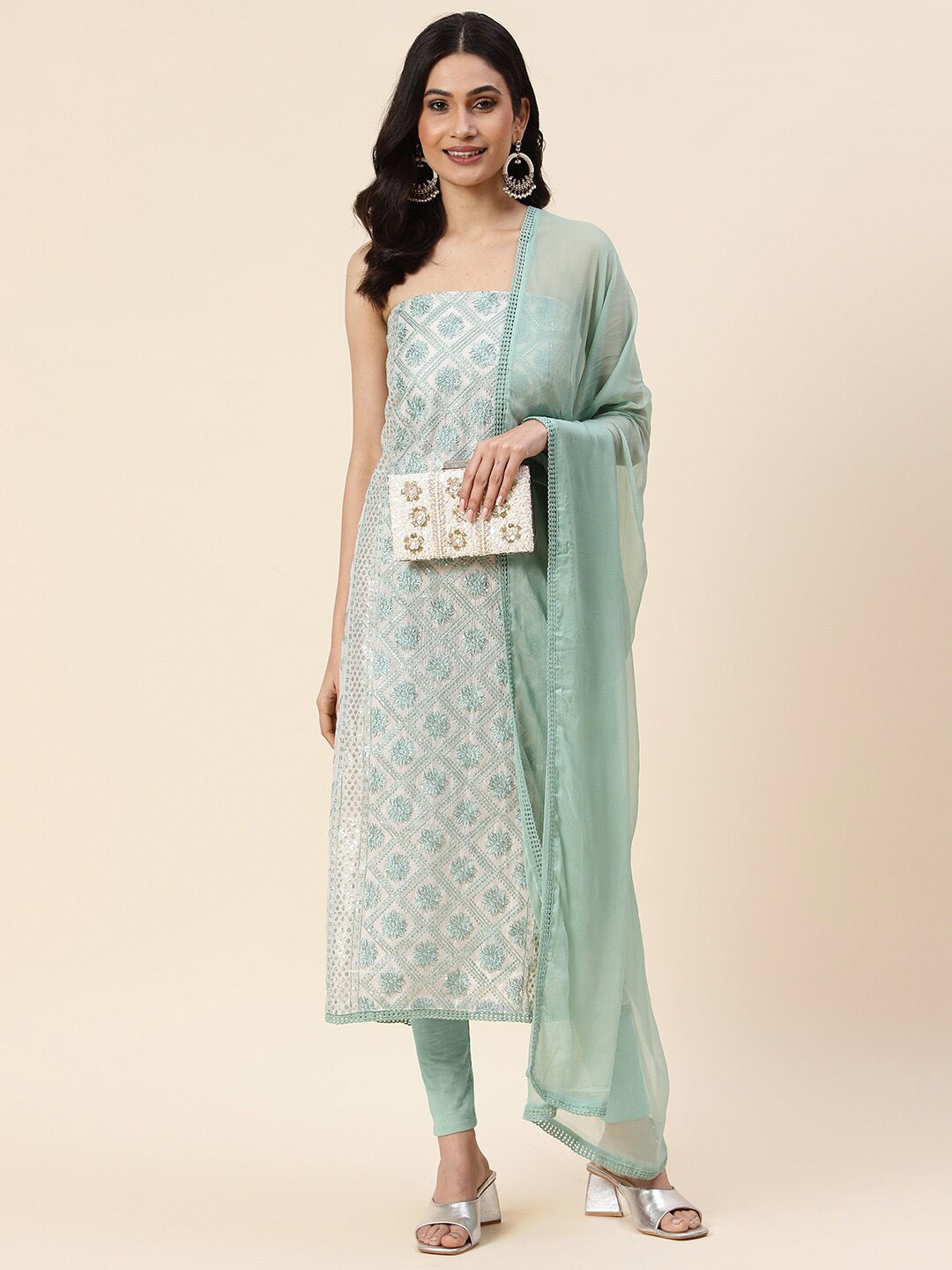 

Meena Bazaar Embroidered Art Silk Unstitched Dress Material, Cream