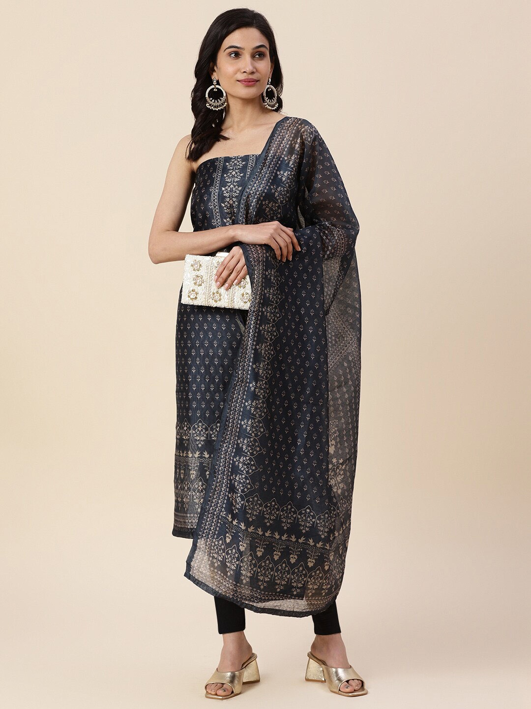 

Meena Bazaar Printed Art Silk Unstitched Dress Material, Grey