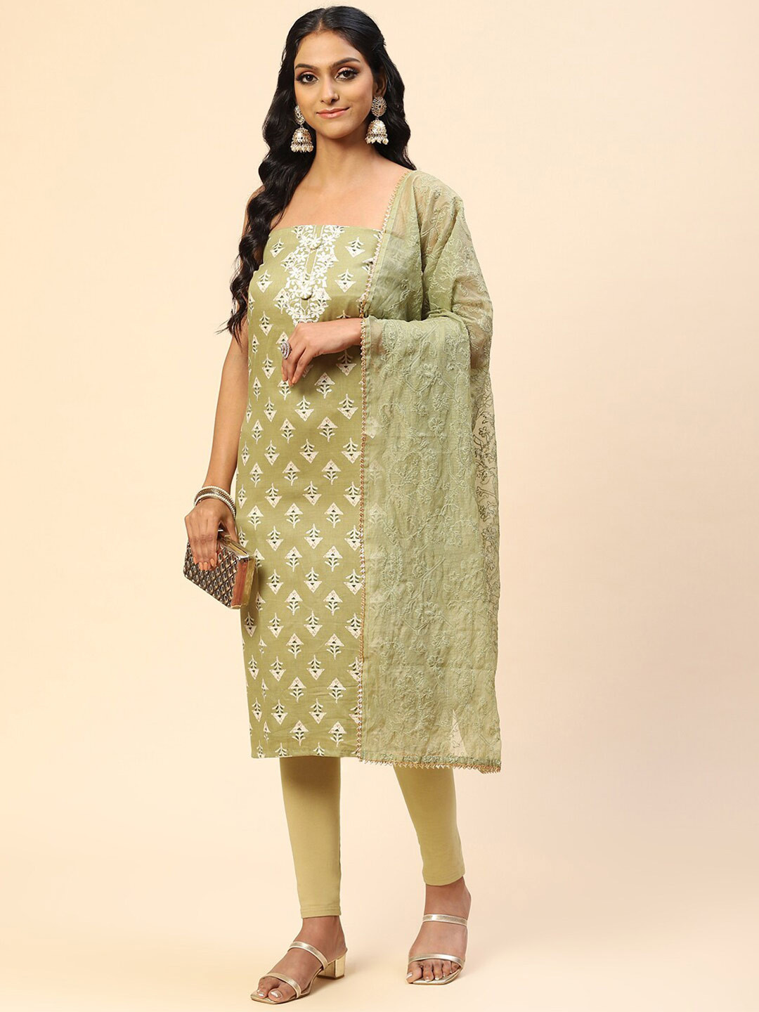 

Meena Bazaar Printed Unstitched Dress Material, Green