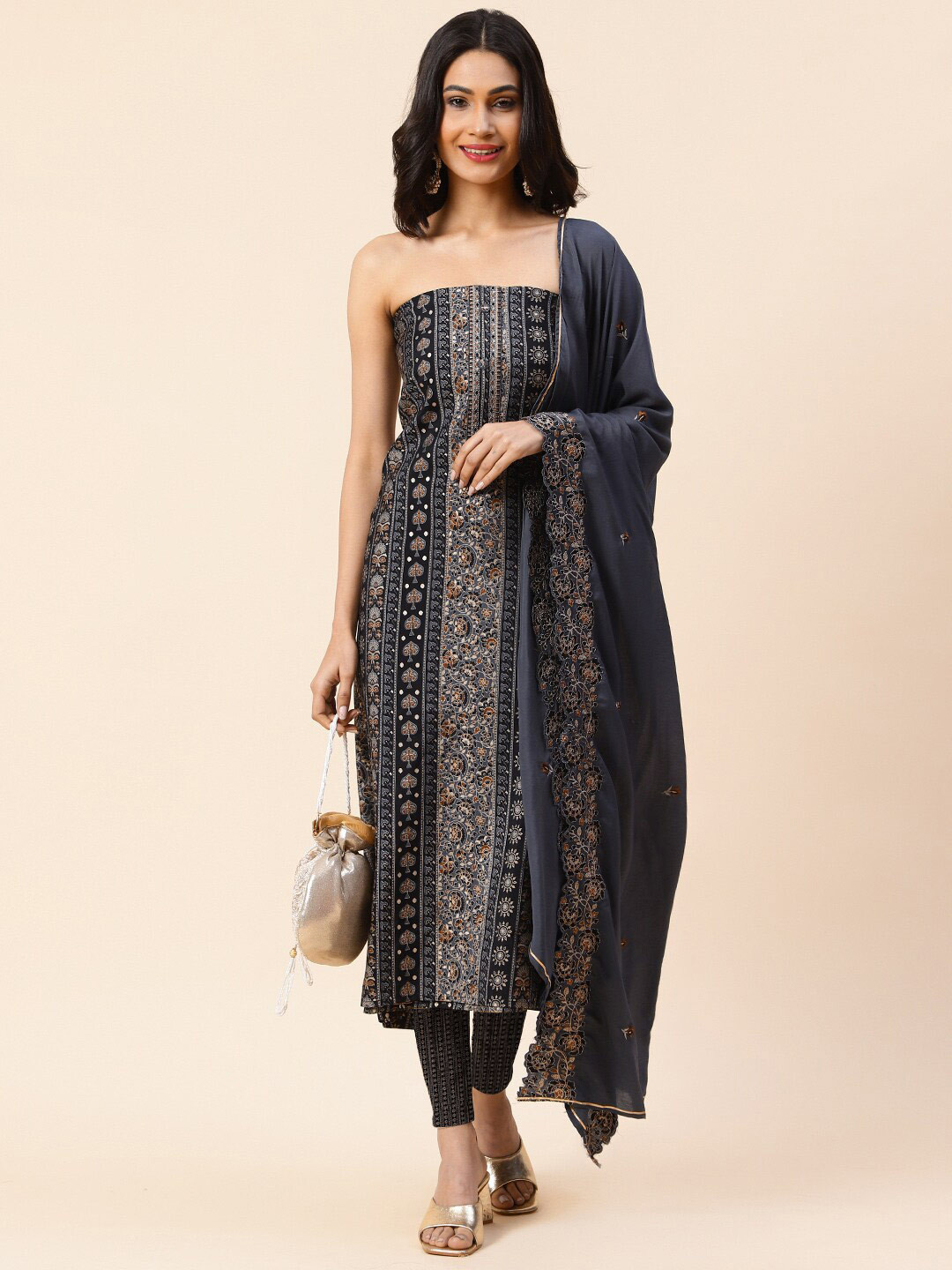 

Meena Bazaar Printed Unstitched Dress Material, Black