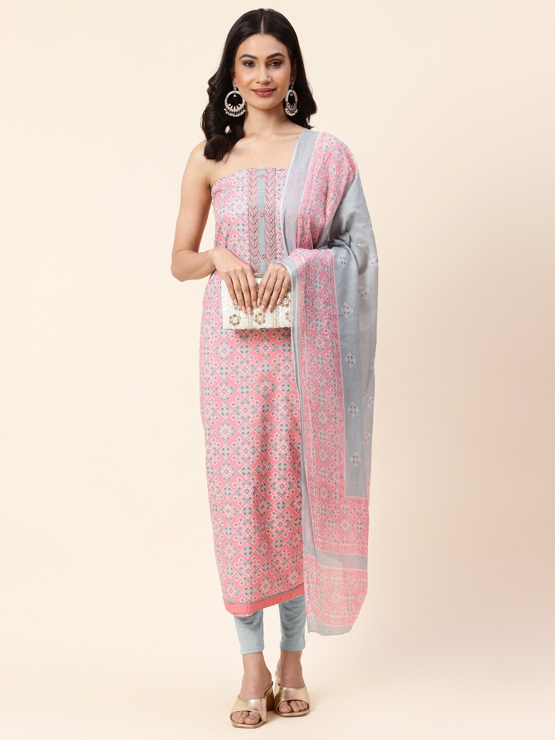 

Meena Bazaar Printed Unstitched Dress Material, Pink