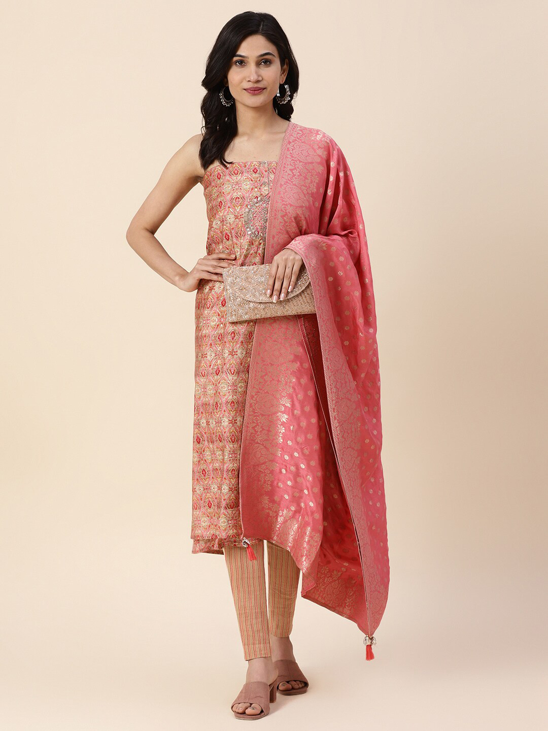 

Meena Bazaar Printed Unstitched Dress Material, Pink