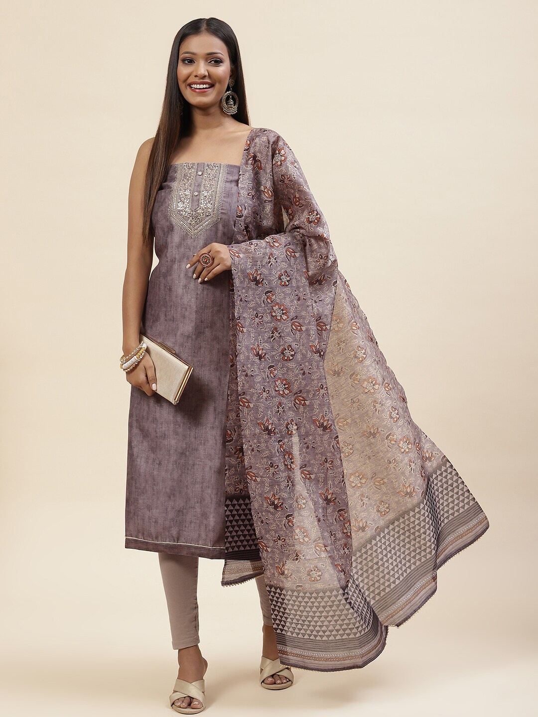 

Meena Bazaar Grey & Cream-Coloured Embroidered Art Silk Unstitched Dress Material