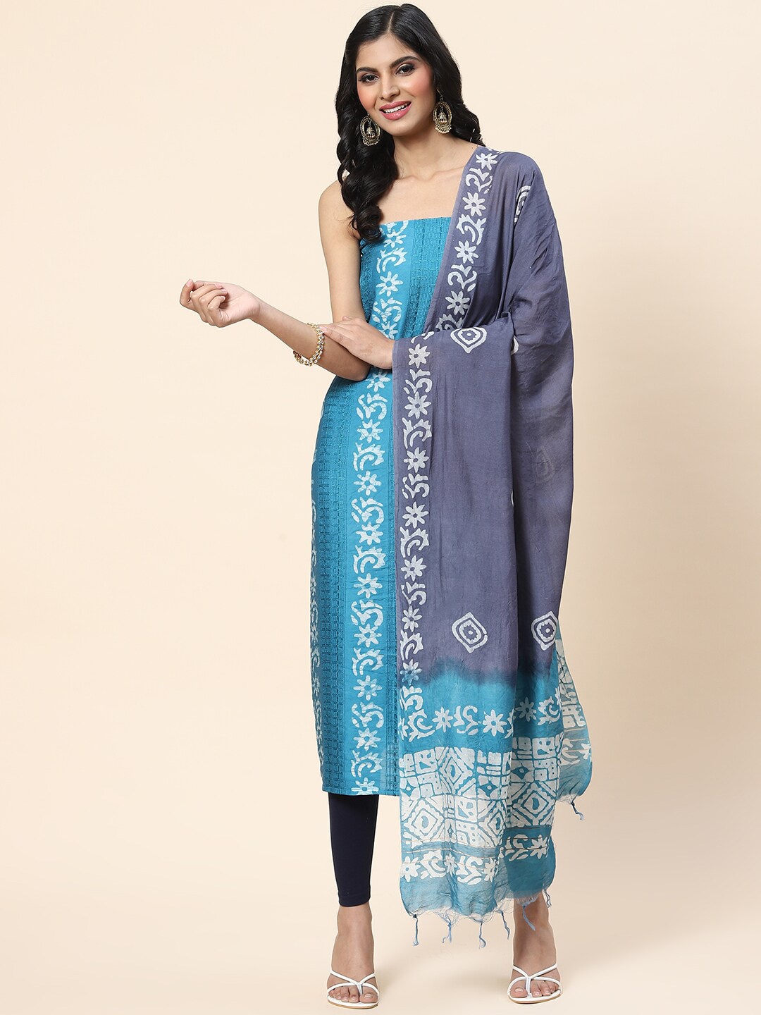 

Meena Bazaar Batik Printed Art Silk Unstitched Dress Material, Blue