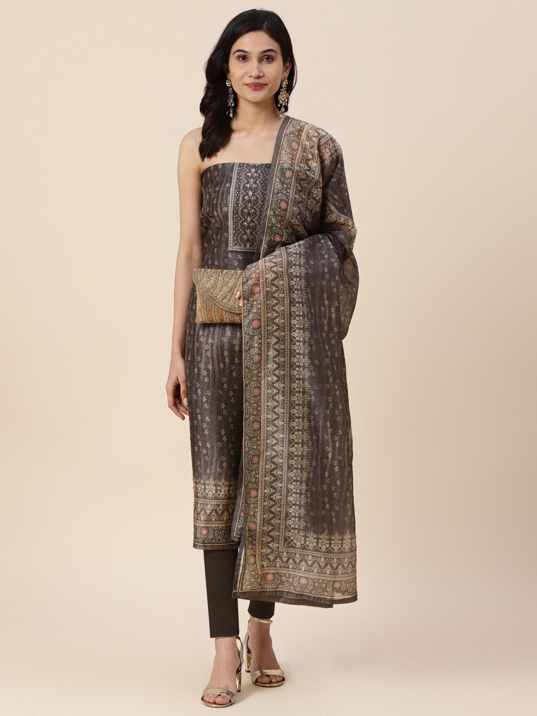 

Meena Bazaar Printed Art Silk Unstitched Dress Material, Brown