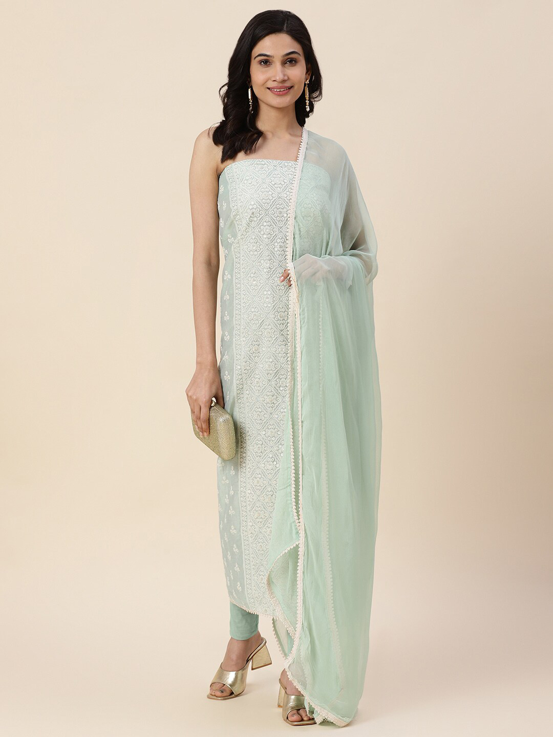 

Meena Bazaar Embroidered Art Silk Unstitched Dress Material, Green
