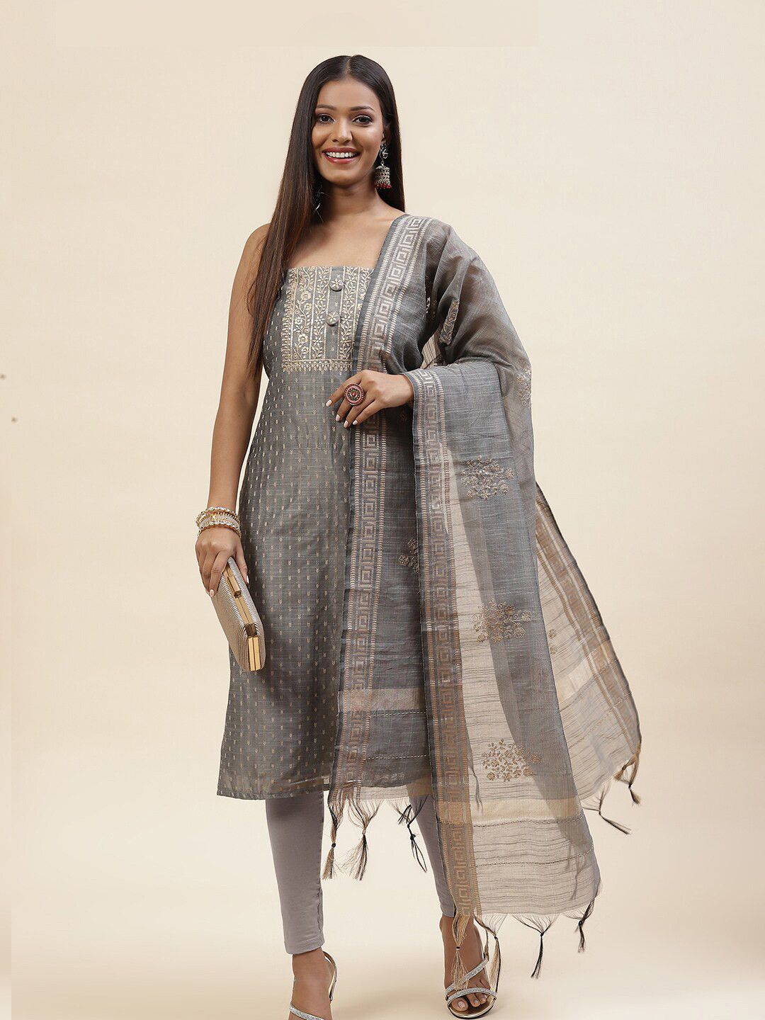 

Meena Bazaar Embroidered Art Silk Unstitched Dress Material, Grey