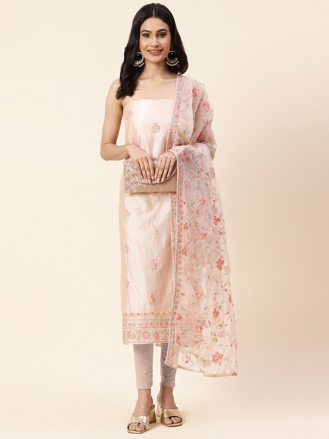 

Meena Bazaar Embroidered Organza Unstitched Dress Material, Peach