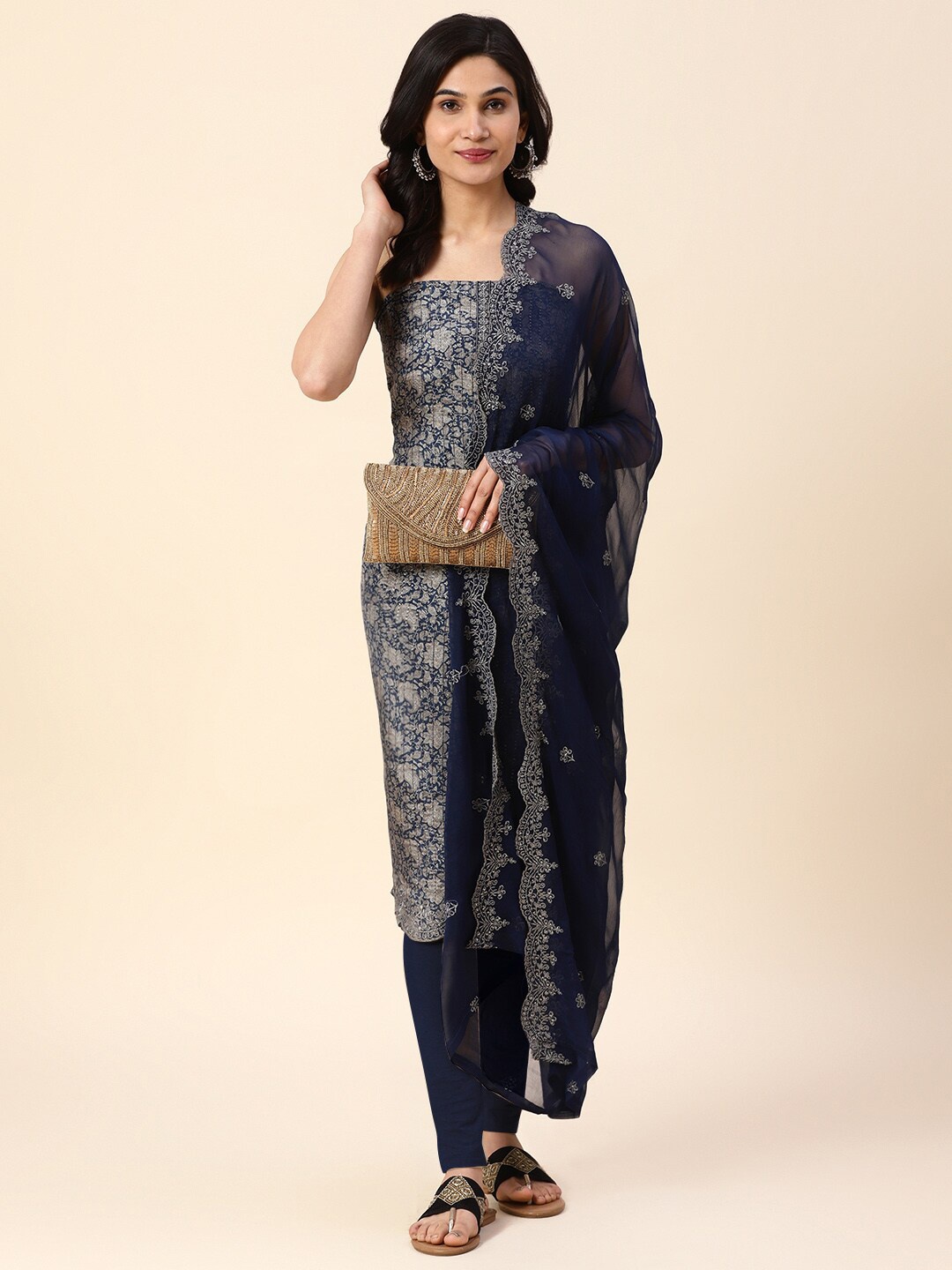 

Meena Bazaar Printed Unstitched Dress Material, Blue