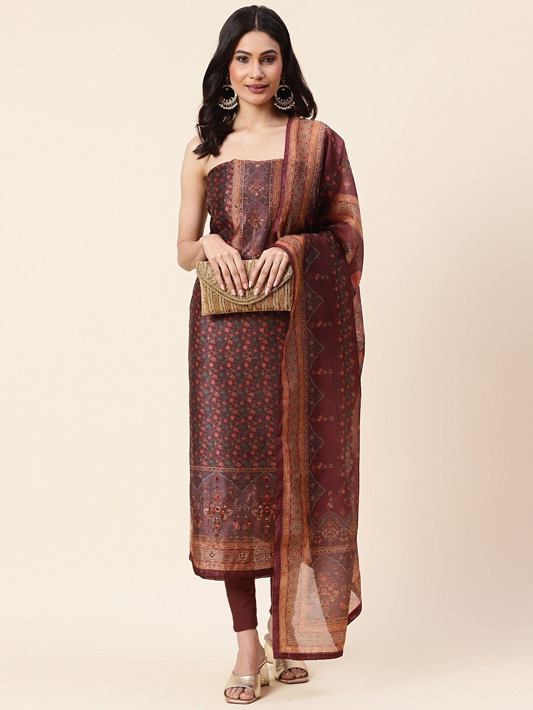 

Meena Bazaar Printed Art Silk Unstitched Dress Material, Maroon