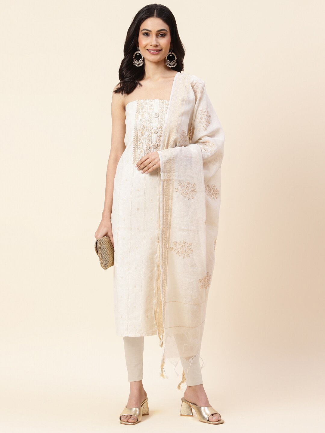 

Meena Bazaar Embroidered Art Silk Unstitched Dress Material, Cream