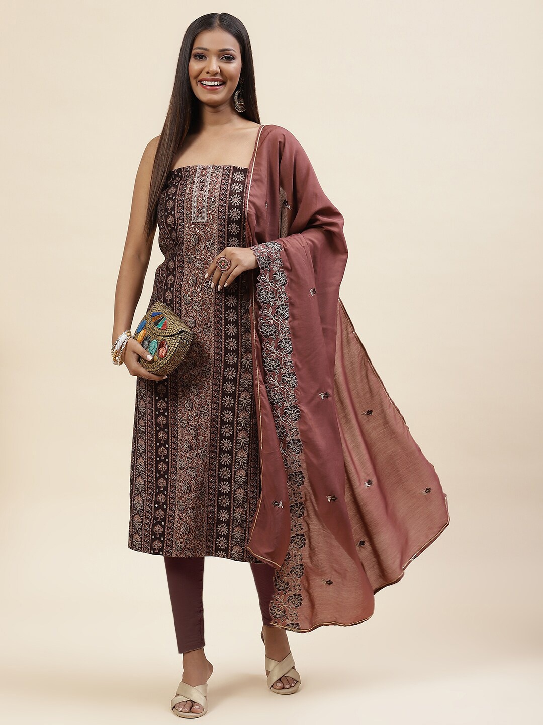

Meena Bazaar Printed Cotton Unstitched Dress Material, Brown