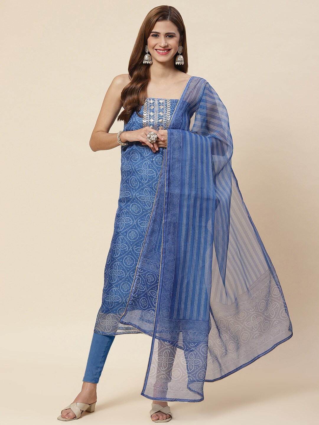 

Meena Bazaar Printed Organza Unstitched Dress Material, Blue