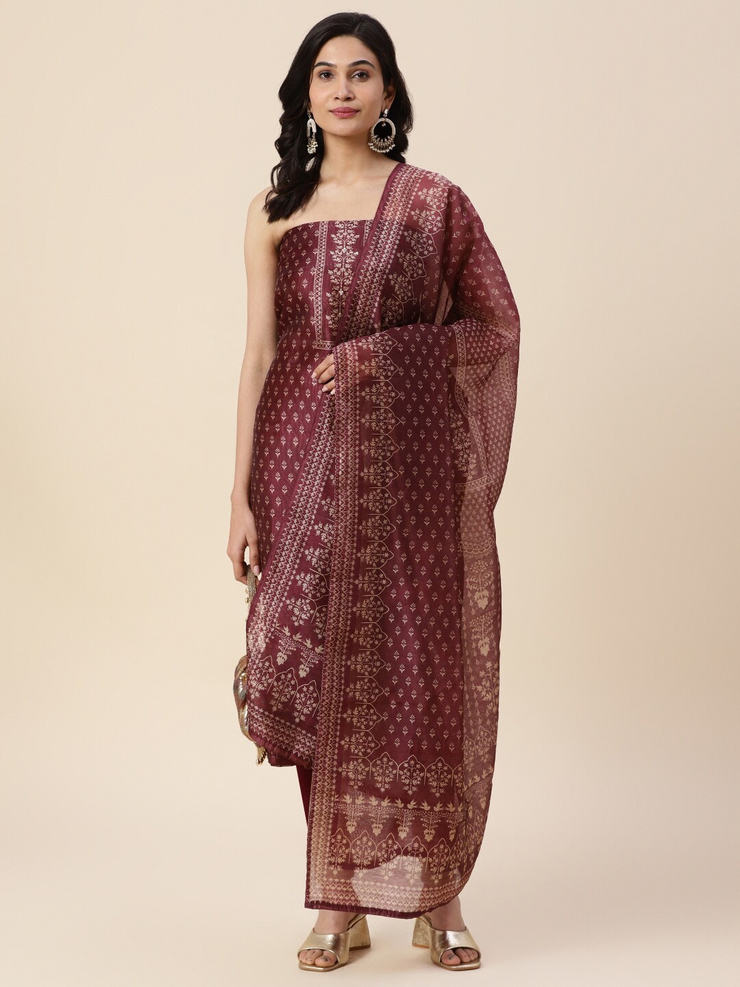

Meena Bazaar Printed Art Silk Unstitched Dress Material, Burgundy