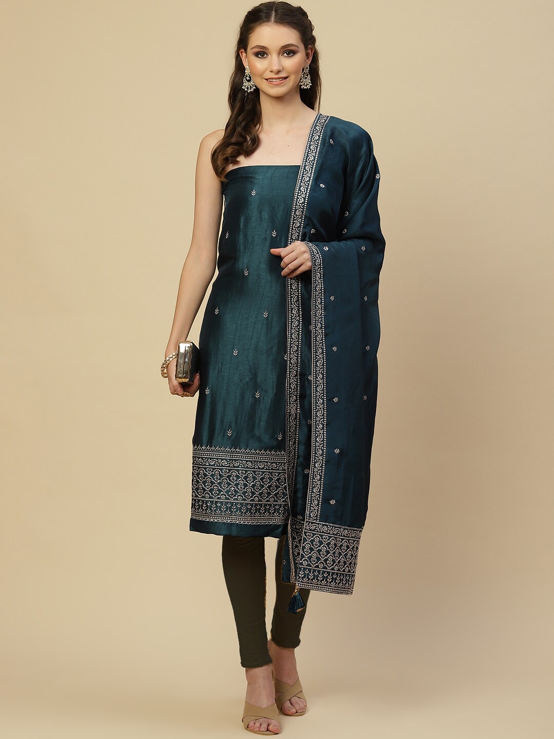 

Meena Bazaar Embroidered Art Silk Unstitched Dress Material, Green