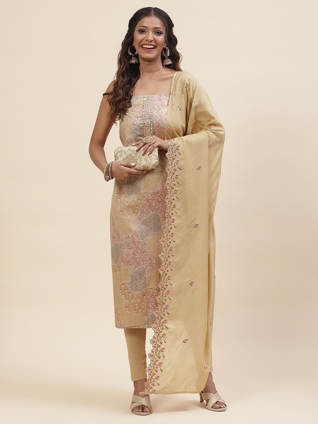 

Meena Bazaar Printed Unstitched Dress Material, Beige