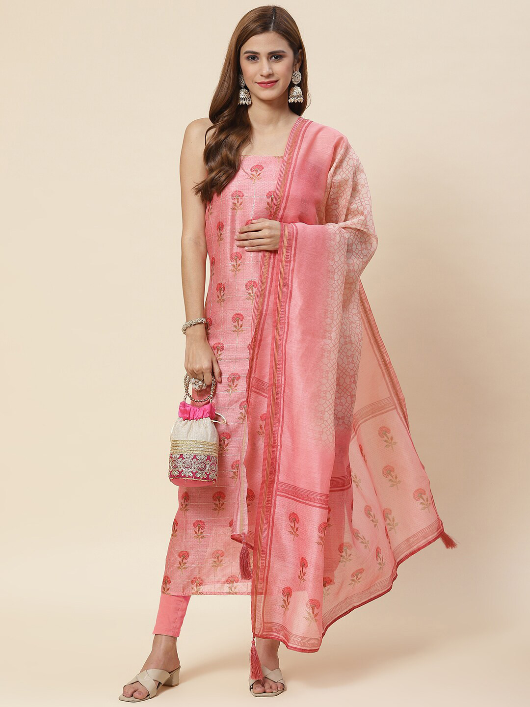 

Meena Bazaar Printed Art Silk Unstitched Dress Material, Pink
