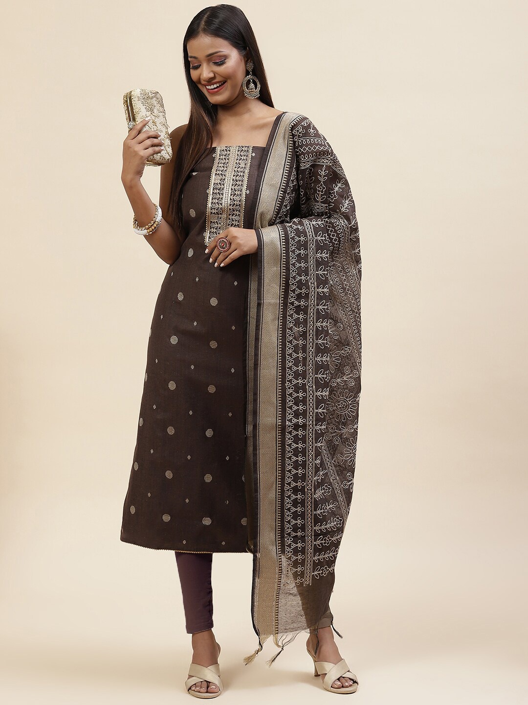 

Meena Bazaar Woven Design Unstitched Dress Material, Brown