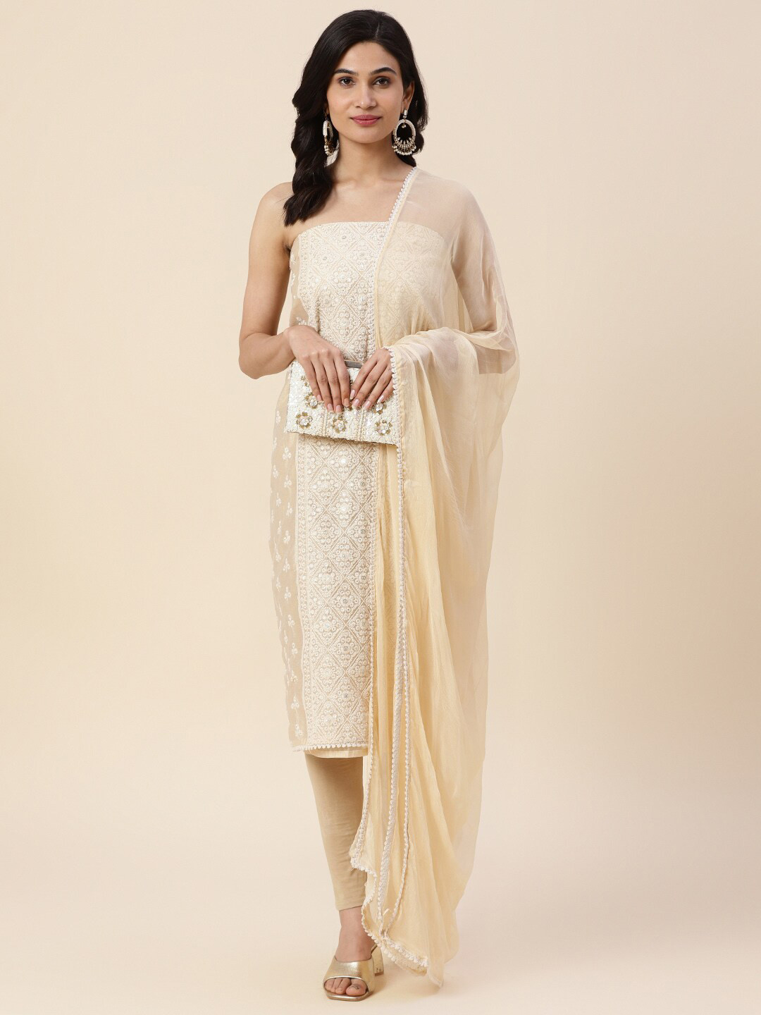 

Meena Bazaar Embroidered Art Silk Unstitched Dress Material, Beige