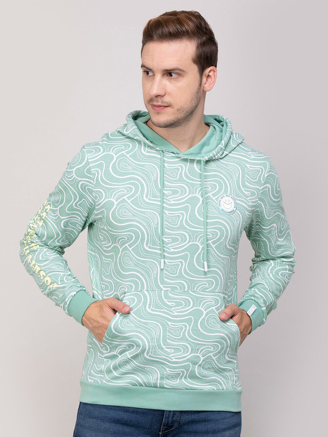 

SmileyWorld Abstract Printed Hooded Cotton Sweatshirt, Sea green
