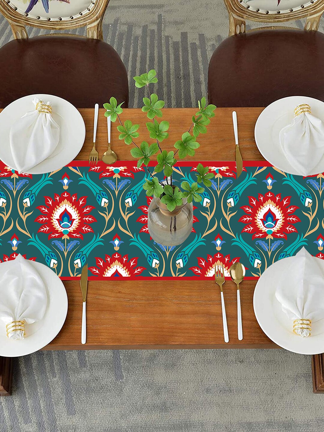 

homewards Teal Green & Red Ethnic Motifs Printed Table Runner