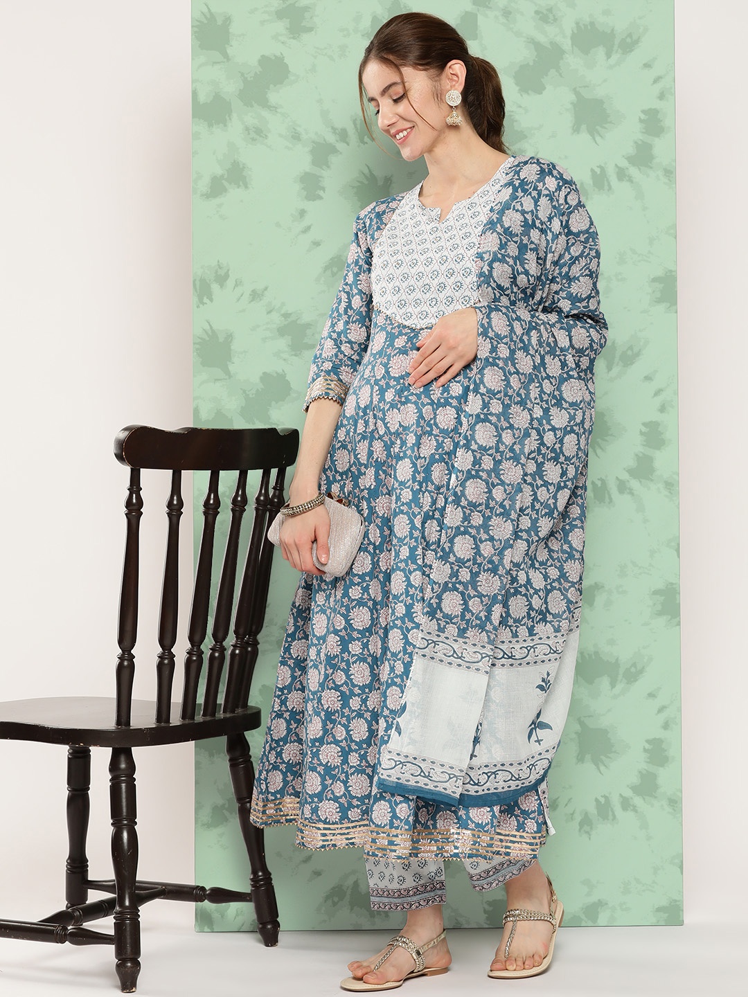 

Yufta Ethnic Motifs Printed Gotta Patti Pure Cotton Kurta With Trousers & With Dupatta, Blue