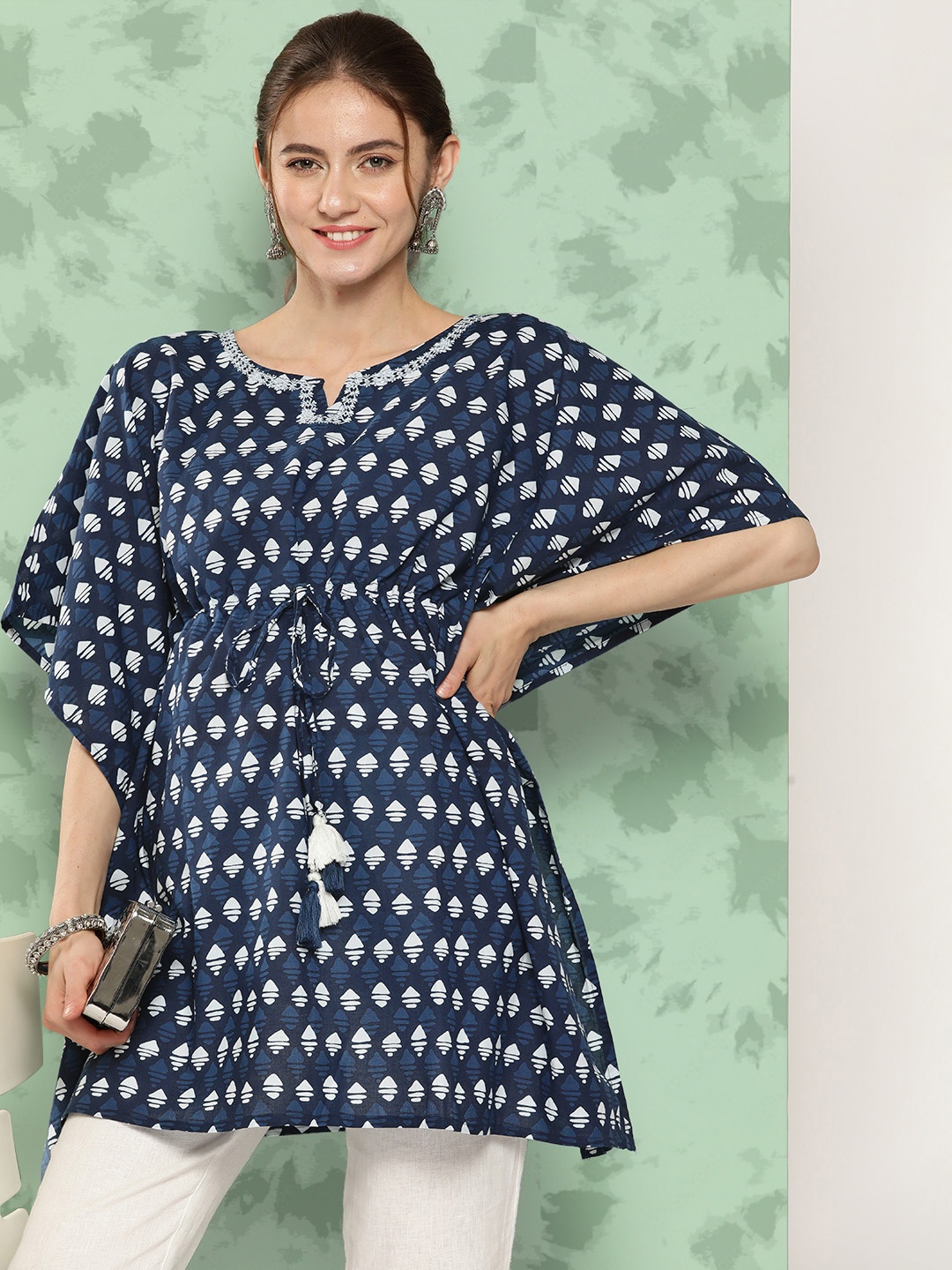 

Yufta Ethnic Motifs Printed Flared Sleeves Pure Cotton Kaftan Kurti, Navy blue