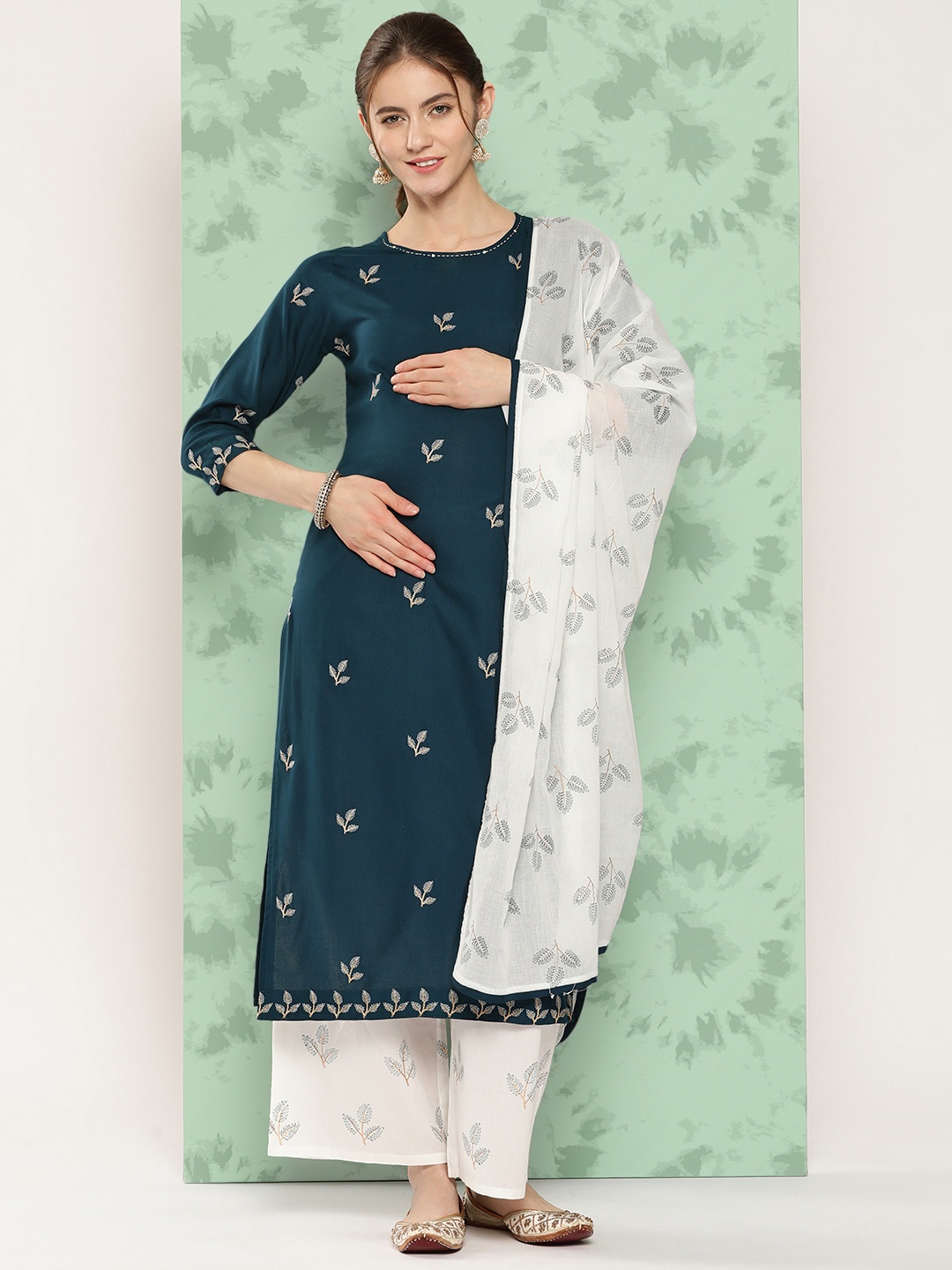 

Yufta Embroidered Thread Work Kurta With Palazzos & With Dupatta, Navy blue