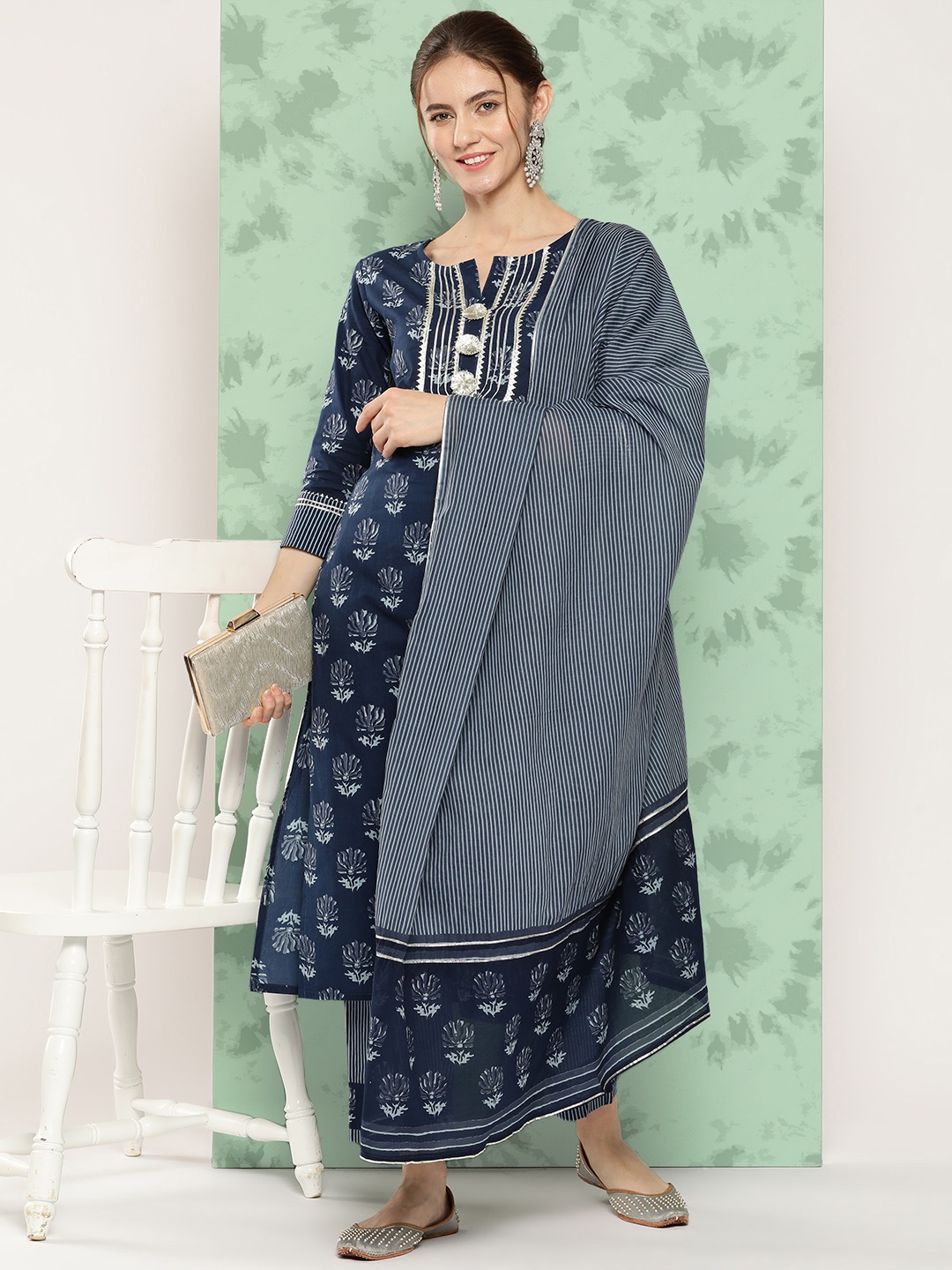 

Yufta Ethnic Motifs Printed Gotta Patti Pure Cotton Kurta With Trousers & With Dupatta, Navy blue